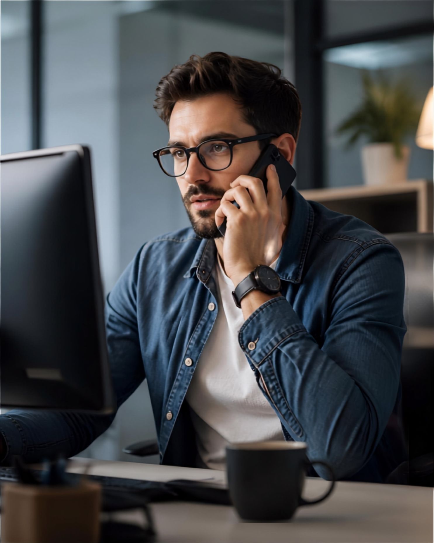 Man on phone in front of computer